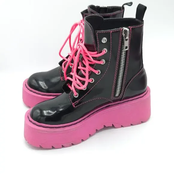 Current Mood Combat Boots DollsKill Pink Black women's size 6  CM20-468 - Picture 4 of 9